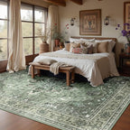 Area Rugs 6'x9' Washable Non-Slip, Floral Vintage Distress Print Pattern Medallion Carpet for Living Room Bedroom Dining Room, Dark Green Gray