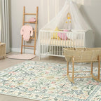 Morebes Floral Machine Washable Area Rugs 5x7, Vintage Boho Nursery Rug Girl Non-Slip, Flower Indoor Floor Throw Carpet for Living Room Bedroom Kitchen Playroom Home, White/Multi