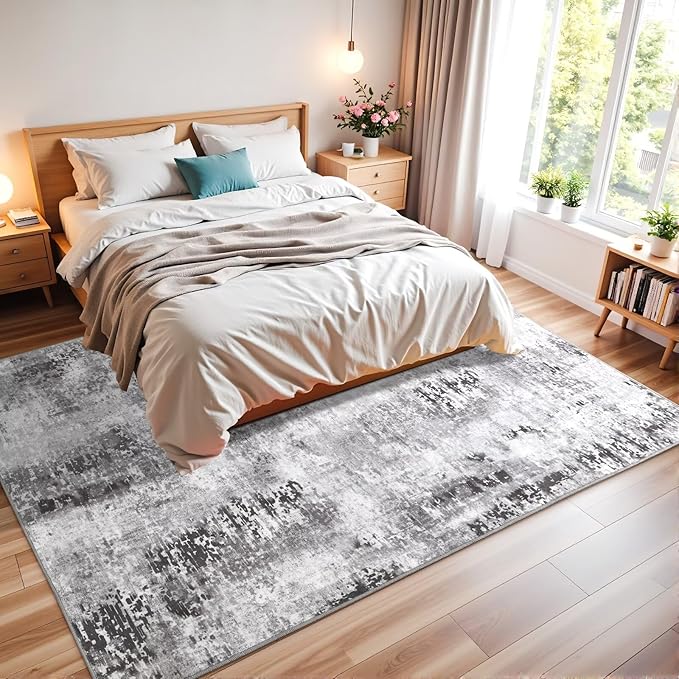 Washable Abstract Rug, 4x6 Modern Area Rugs with Non-Slip Rubber Backed for Living Room, Thin but Soft Contemporary Carpet Kitchen Bedroom Decor, Dark Grey
