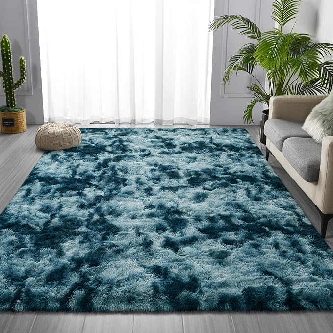 Large Shag Area Rugs 5 x 8, Tie-Dyed Plush Fuzzy Rugs for Living Room, Ultra Soft Fluffy Furry Rug for Bedroom, Indoor Carpet Nursery Rugs for Kids Room Home Decor, Peacock Blue