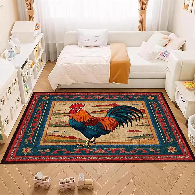 Vintage Rustic Rooster Area Rug ，3x4ft,Ethnic Design Colorful Mountains Geometric Pattern Print Rug，Low Pile Washable Rug Suitable for Farmhouse, Kitchen, Living Room, Bedroom Entryway