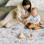 Phantoscope Washable Area Rug 9'x12' Non-Slip, Vintage Neutral Rugs for Living Room, Bedroom, Dining Room, Distressed Boho Floral Medallion Pattern, Low-Pile Foldable Floor Carpet, Light Grey/Neutral