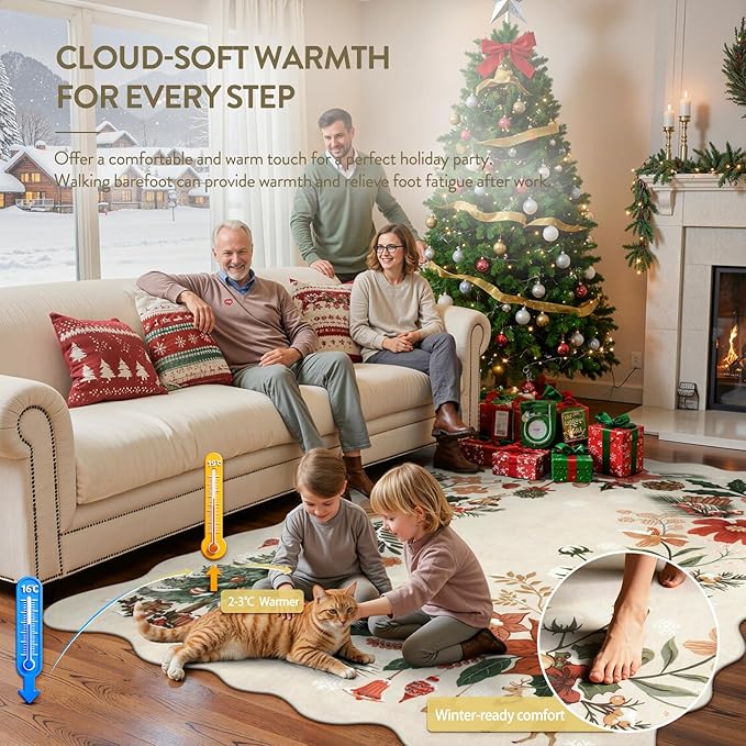 Lahome Floral Christmas Rugs for Living Room, Washable Christmas Rug 8x10 Under Bed Soft Xmas Tree Rug, Stain Resistance Large Carpets for Dining Room Office Home Decor, Beige/Multi