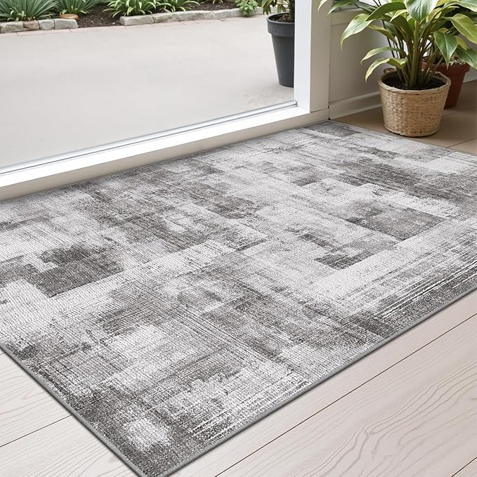 LUMI Ultra Thin Door Mat, 18x30 Non Slip Indoor Doormat Entrance Washable Rugs Entryway Oriental Vintage Soft Carpet for Kitchen Bedroom Front Door, Grey