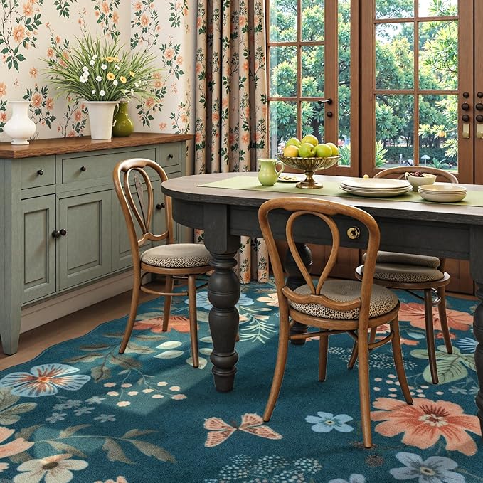 Lahome Floral Washable 6x9 Area Rugs, Soft Bedroom Rug for Living Room Ultra-Thin Non Slip Dining Room Rug, Stain Resistant Boho Blue Rugs Easy Clean Throw Carpet for Office(6'x9',Navy Blue)