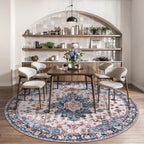 Tangsoo Vintage Round Rug 5ft,Washable Circle Rug, Non Slip Boho Round Area Rug, Low Pile Circular Rugs, Round Carpet for Bedroom,Livingroom,Nursery,Dorm,Office,Blue/Orange