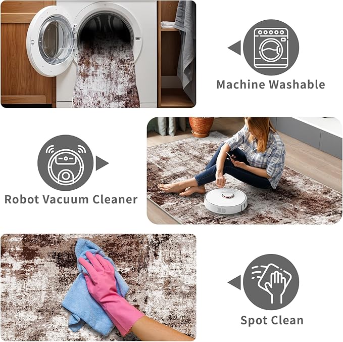3x10 Washable Runner Rugs for Hallway: Easy-to-Clean Abstract Runners for Entryway Bedroom - Stain and Water Resistant Rugs with Non-Slip Backing - Soft Low-Pile Carpet Brown Khaki White