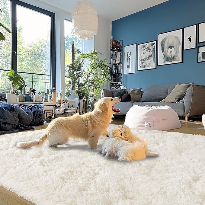 Cream White Plush Rug for Living Room Fuzzy Carpet for Bedroom Dorm, Non-Slip High Pile Rug, Shag Rug for Playroom Nursery Home Office Decor 9X12 Ft