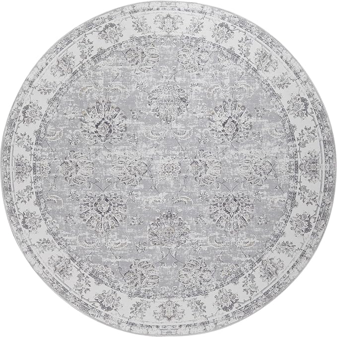 jinchan Fiora Round Rug 5ft Area Rugs Vintage Floral Distressed Design - Machine Washable Non-Slip Low-Pile Ultra-Thin Circle Rug for Entryway Bedside Living Room Dining Room Bedroom (5' Round, Grey)