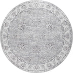 jinchan Fiora Round Rug 5ft Area Rugs Vintage Floral Distressed Design - Machine Washable Non-Slip Low-Pile Ultra-Thin Circle Rug for Entryway Bedside Living Room Dining Room Bedroom (5' Round, Grey)