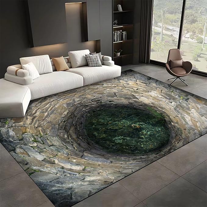 3D Hole Area Rug for Bedroom, 4x6ft, Visual Illusion Stone Cave Trap Design Home Decorative Rugs, Breathable Anti Skid Dirty Resistant Washable Soft Large Carpets for Family Indoor