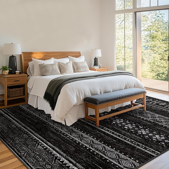 BESTSWEETIE 9x12 Area Rugs for Living Room Washable Moroccan Farmhouse Neutral Geometric Low Pile Non-Slip Soft Print Pattern Rug for Bedroom Kitchen Dining Room Entryway Black/White