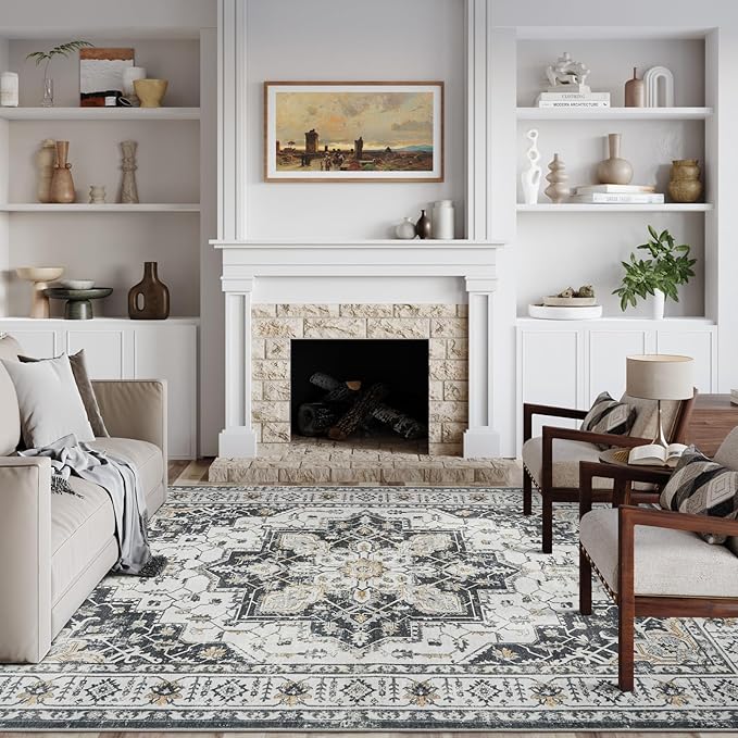 zesthome Washable Rug 6x9 Area Rugs,Stain Resistant Rugs for Living Room,Bedroom,Non-Slip Backing Home Decor Rug, Vintage Medallion Pattern Rugs (Black,6'x9')