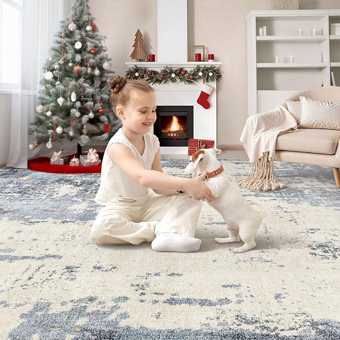 5x8 Area Rug Living Room Rugs - Washable Neutral Modern Abstract Soft Thin Rug Indoor Floor No Slip Rug Carpet for Bedroom Under Dining Table Home Office Decor - Blue/Light Brown