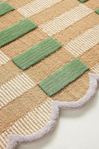 Hand-Tufted Wool Rug with Scalloped Edges, Light Blue Plaid Pattern, Cozy Soft Area Rug for Living Room, Bedroom, and Nursery, Handmade Modern Accent Rug (Green, 4X7 FEET)