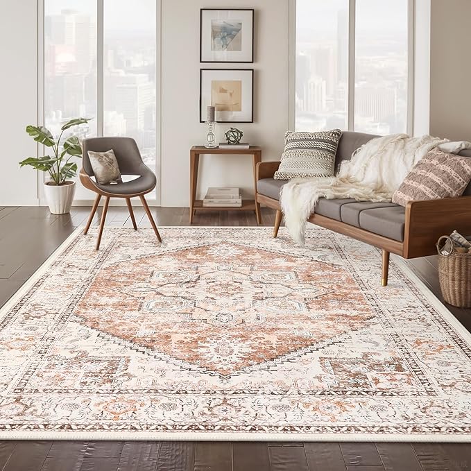 LIVEBOX 8x10 Area Rug for Living Room, Washable Orange Boho Rug, Soft Non-Slip, Low-Pile Vintage Medallion, Retro Faux Wool for Dining Room, Bedroom, Office