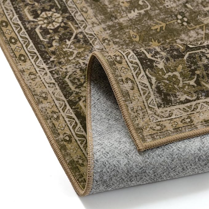 6x9 Washable Area Rug Brown Vintage Distressed Large Rug for Living Room Oriental Soft Thin Indoor Retro Carpet Non Slip Low Pile Floor Cover for Bedroom Dining Room Office Nursery