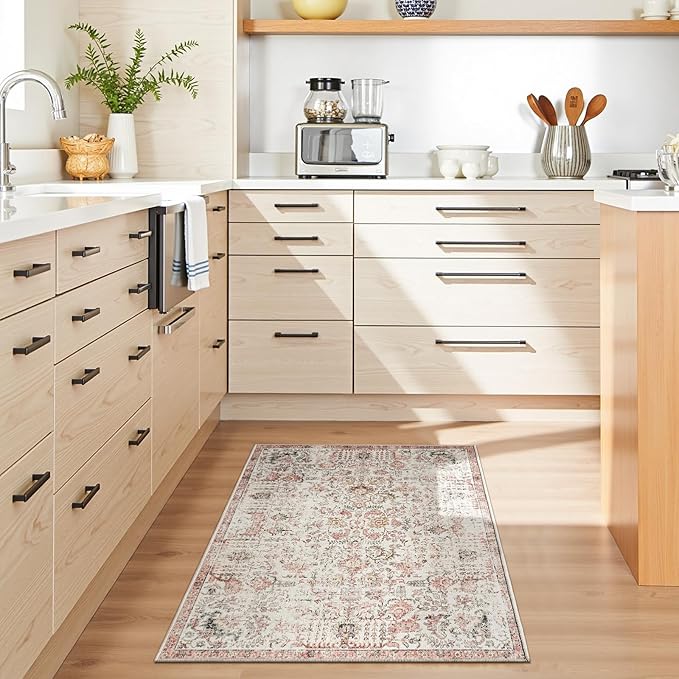 jinchan Kalen Area Rug 2x3 Washable Entryway Rug Vintage Doormat Indoor Entrance Lightweight Thin Retro Distressed Door Mat Floral Print Country Boho Non Slip Carpet for Bathroom Bedroom Red Multi