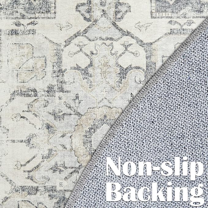 jinchan Kelda Round Rug 5ft Washable Area Rug Indoor Vintage Floor Cover Distressed Circle Mat 5' Round Lightweight Non Slip Low Pile Thin Carpet for Entryway Kitchen Living Room Bedroom Grey