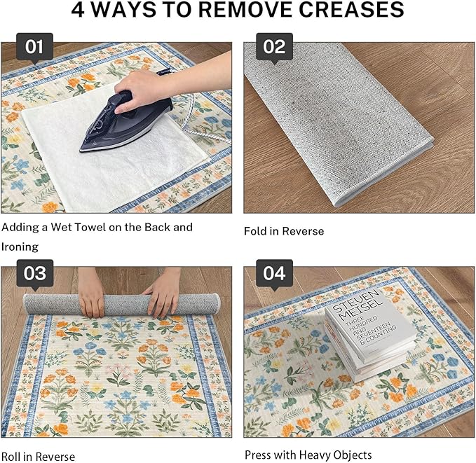 Boho Floral Machine Washable Runner Rug 2x6, Garden Yellow-Green Kitchen Runner Rug Non-Slip, Super Thin Hallway Rug Runner Printed Faux Wool Soft Carpet for Entryway Bedroom Laundry Indoor