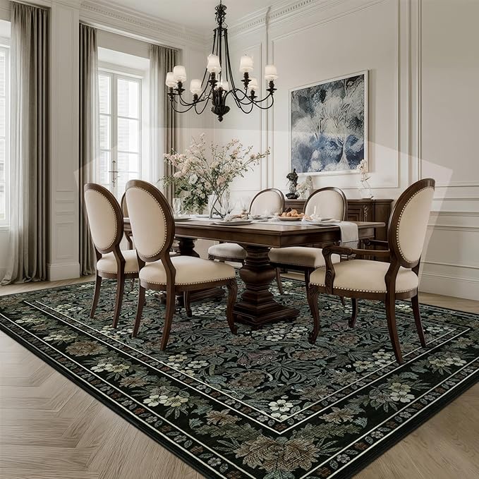 6x9 Black and Green Floral Area Rug for Living Room, Washable Non Slip Rugs for Bedroom Non Slip, Low Pile Large Indoor Accent Carpet for Office, Dining Room, Farmhouse