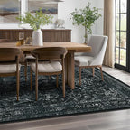 Dark Distressed Washable Area Rugs 9x12 Living Room, Black Vintage Medallion Printed Big Carpet Rugs for Bedroom, Washable Non Slip Low Pile Thin Rugs for Dining Room Home Office