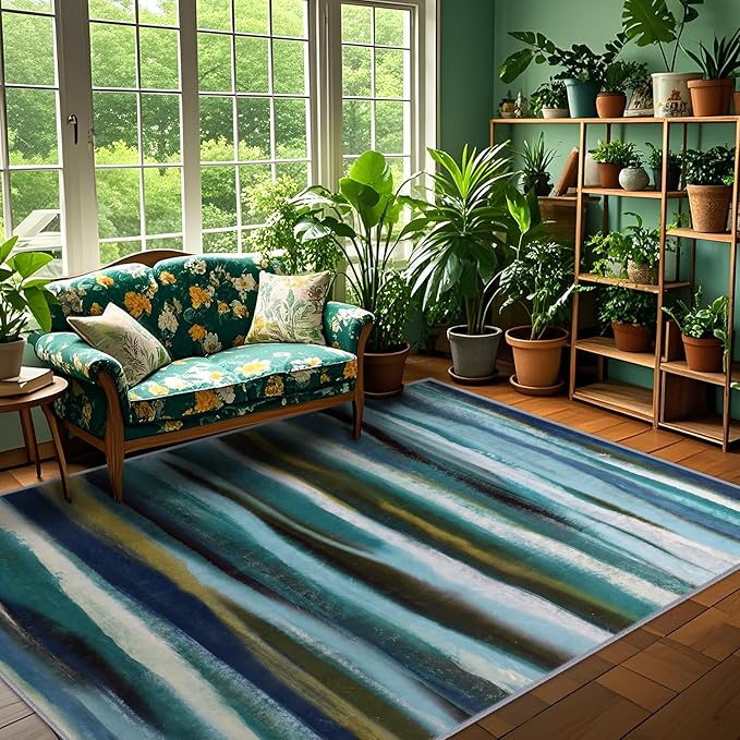 Abstract 6x9 Area Rug, Modern Stripe Pattern Teal Rugs for Living Room, Washable Soft Large Non-Slip Floor Carpet for Dining Room Office Bedroom - Teal/Multi