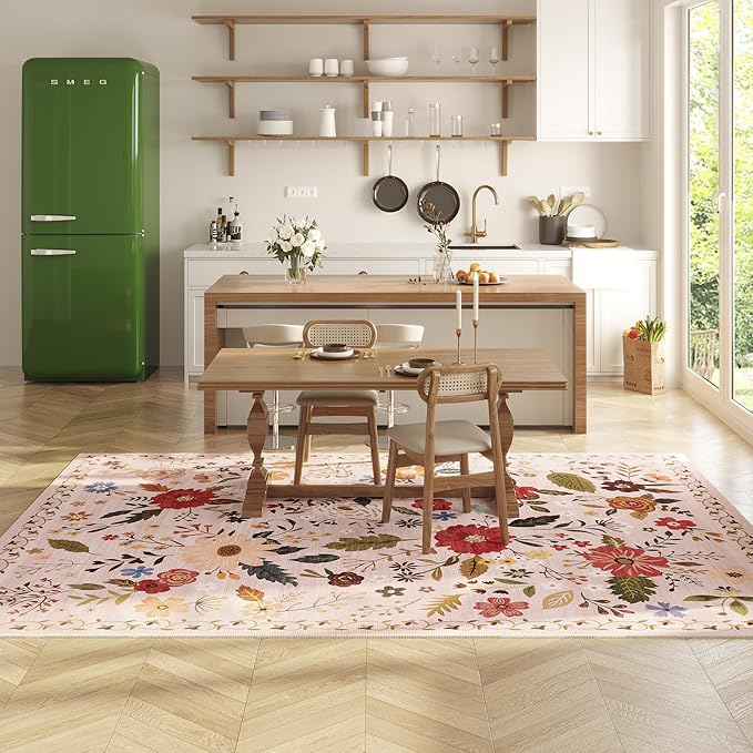 Living Room Rug 6x9 Rug Machine Washable Boho Area Rug Non Slip Floral Vintage Low Pile Large Rugs for Living Room, Bedroom, Farmhouse, Dining Room (Beige)