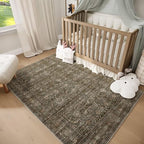 Washable 5x7 Area Rugs for Living Room, Boho Non-Slip Vintage Distress Rugs for Bedroom Dining Room Nursery Office, 0.3" Neutral Oriental Throw Thin Carpet with Cushioning Pad, Rust/Multi