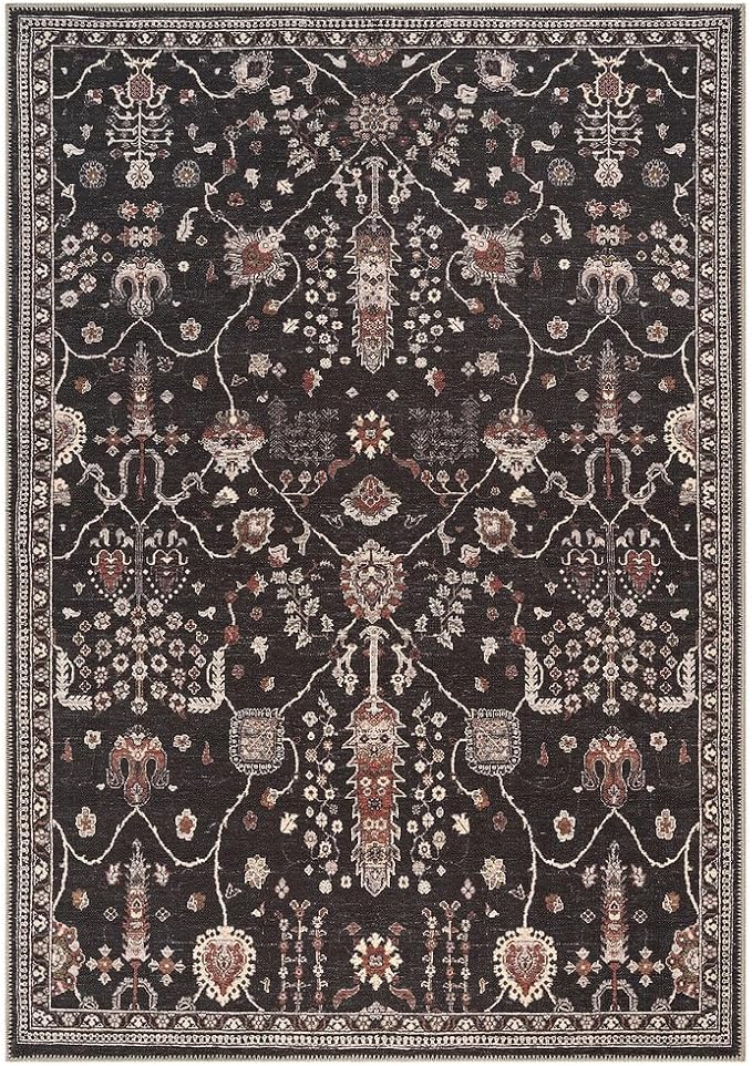 GLN Rugs Traditional Collection - Machine Washable Area Rug, Traditional Washable, Non Slip, Low Pile Chenille Rug, Living Room, Bedroom, Kitchen Rug (9' x 12' Black)