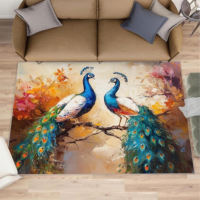 Peacock Rug 8x10-8x10 Rug, Classic Peafowl Floral Area Rugs for Bedroom, Peacock Couples Rugs for Living Room, Oil Painting Art Washable Mat, Aesthetics Carpet - Peafowl Home Decor & Gifts