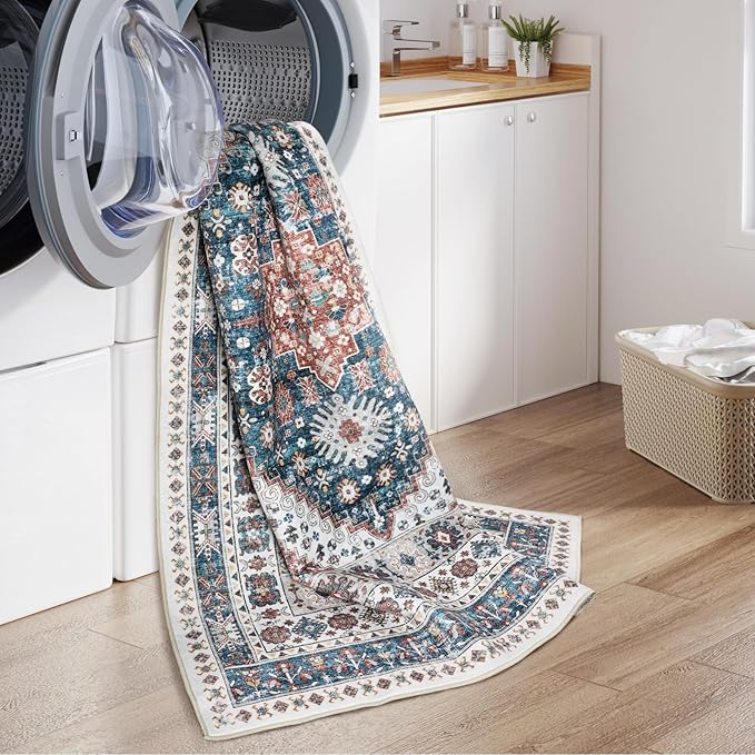 zesthome 8x10 Area Rugs for Living Room,Non-Slip Backing Washable Rugs,Vintage Large Area Rug，Stain Resistant Home Decor Rug (Navy Blue/Red,8'x10')
