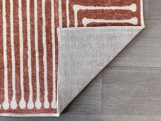 GLN Rugs Contemporary Collection - Machine Washable Area Rug, Contemporary Washable, Non Slip, Low Pile Chenille Rug, Living Room, Bedroom, Kitchen Rug (6' x 9' Beige Orange)