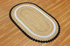 Oval Jute Runner 2x8 Flatweave Kilim Runner Hand Braided Jute Thick 0.27" Solid Pattern Black Beige Natural Oval Handmade Boho Indoor Outdoor Rugs for Kitchen Hallway Enterway