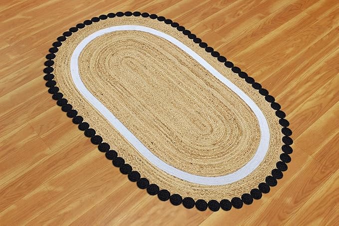 Oval Jute Runner 2x14 Flatweave Kilim Runner Hand Braided Jute Thick 0.27" Solid Pattern Black Beige Natural Oval Handmade Boho Indoor Outdoor Rugs for Hallway Enterway Stair Corridor