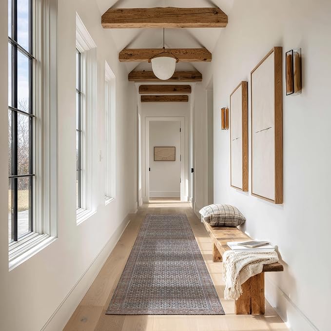 Kuden 2'6"x10 Runner Rug, Machine Washable Area Rug with Non-Slip Backing, Vintage Style, Soft, Easy Clean, Low Pile Rug for Hallway, Entryway, Kitchen, Bedroom