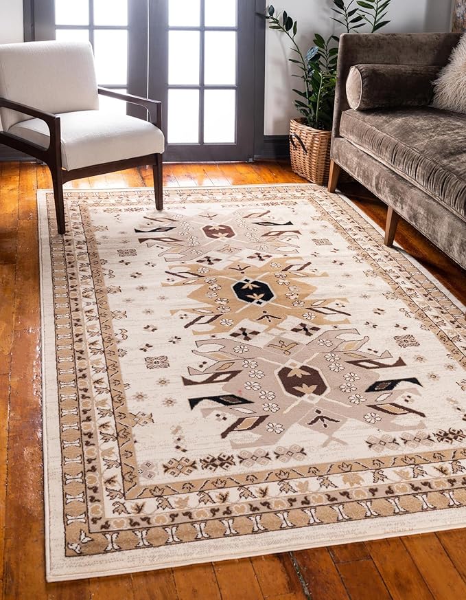 Unique Loom Taftan Collection Border Geometric Tribal Inspired Design Area Rug (9' 10 x 13' 0 Rectangular, Ivory/ Tan)