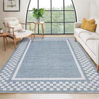 GarveeHome Washable Area Rugs 10x13 Non Slip Soft Large Living Room Rug Modern Checkered Bedroom Rug Soft Geometric Bordered Throw Carpet for Dining Room Home Decor Office Nursery, Blue