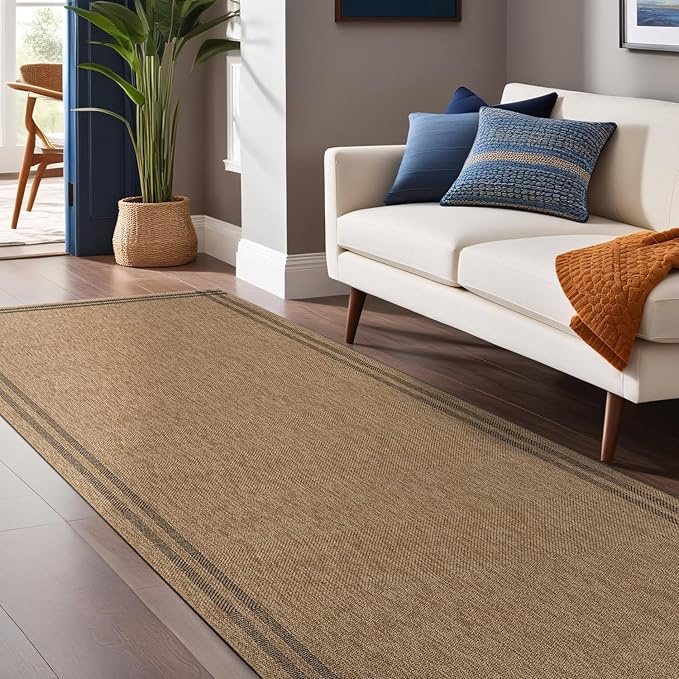 Easy Jute Rugs 2x7 Bordered Natural Color Living Room Indoor Outdoor Runner Rug for Patio and Kitchen Rug High Traffic Washable Easy to Clean Solid Boho Woven Design Outside Carpet (2 x 7)