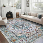 WILLSUN Washable Area Rugs, 8x10 Non-Slip Boho Large Area Rugs for Living Room, Bedroom, Machine Washable Vintage Rug, Indoor Floral Print Carpet for Home Decor, Kid & Pet Friendly Mat
