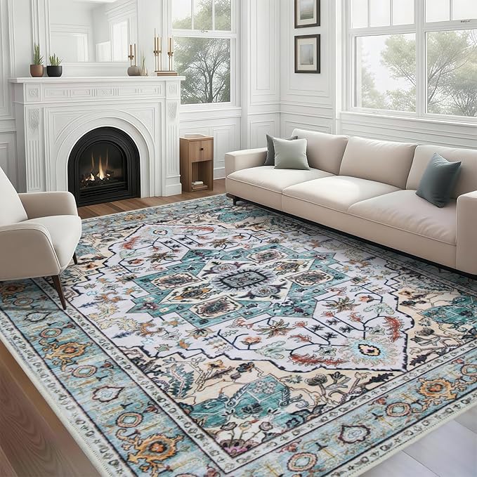 WILLSUN Washable Area Rugs, 8x10 Non-Slip Boho Large Area Rugs for Living Room, Bedroom, Machine Washable Vintage Rug, Indoor Floral Print Carpet for Home Decor, Kid & Pet Friendly Mat