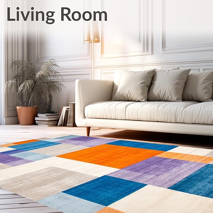 Flatwoven High Traffic Area Rug 8x10, Modern Abstract Color Block Area with Artistic Flair, Non Slip, Stain Resistant, Washable Area Rugs for Living Room, Bedroom (Blue, 8x10)