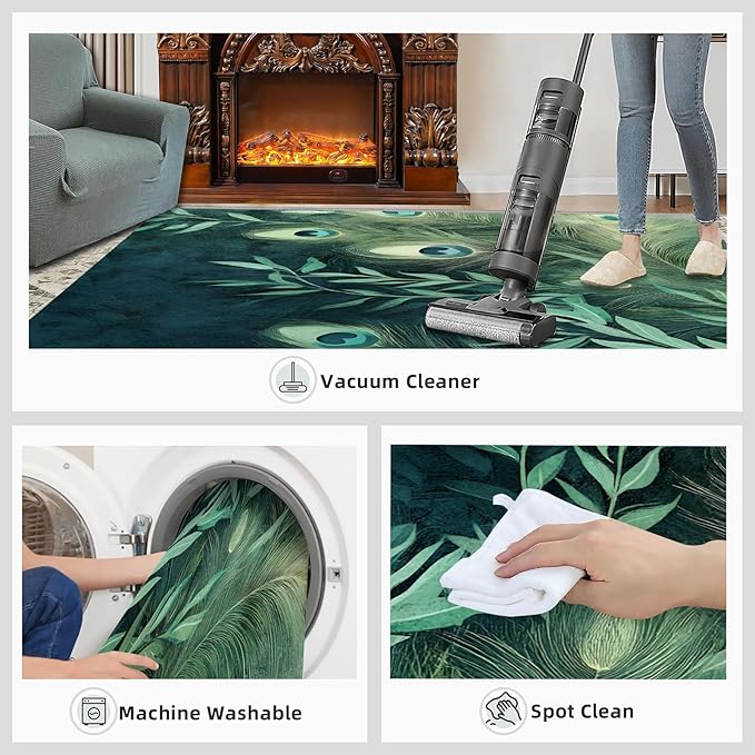 Peacock Feather Rugs for Living Room - 5x8 Rug, Peacock Decor Area Rugs for Bedroom, Teal Turquoise Rug, Plant Washable Carpet, Malachite Green Feather Carpet - Peafowl Home Decor & Gifts