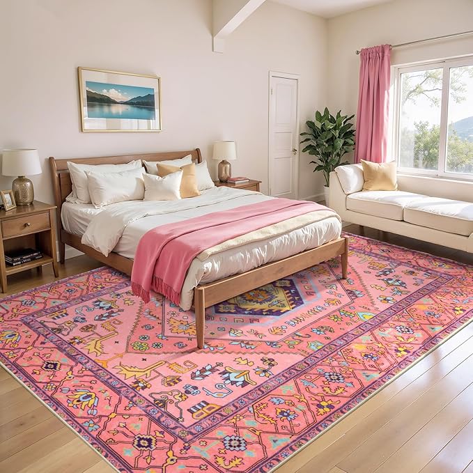 SERISSA Washable Rugs 8x10 Area Rugs, Large Non-Slip Boho Living Room Rug, Ultra Soft Cute Pastel Aesthetic Fuchsia Pink Carpet for Baby Girls Bedroom Kids Playroom Nursery Dining Room Dorm Decor