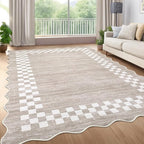 GarveeHome Scalloped Washable Rug 9x12 Area Rug for Living Room Modern Border Large Bedroom Throw Carpet with Rubber Backing Stain Resistant Boho Rug for Dining Room Home Decor Office, Fog