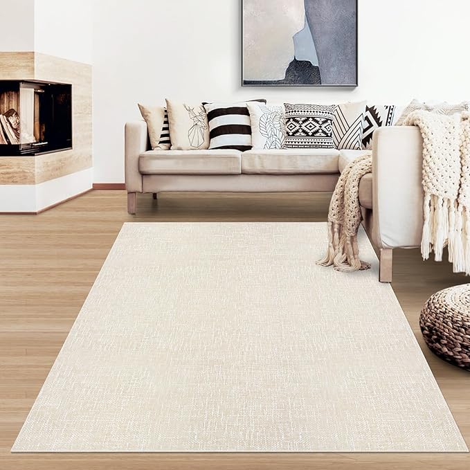 RUGSREAL Area Rug 5x7 Machine Washable Area Rug for Living Room Non-Slip Stain Resistant Modern Abstract Rug Contemporary Solid Throw Rug Foldable Accent Floor Carpet for Dining Room, Cream