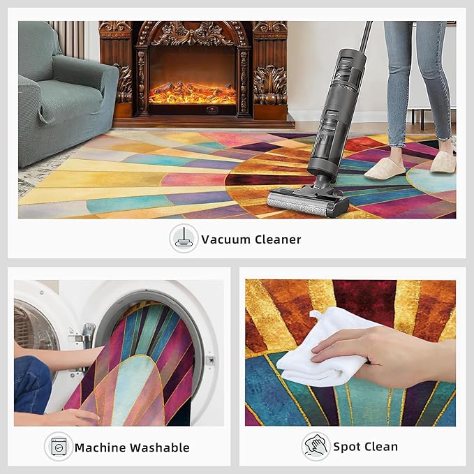 Chromatic Geometric Runner Rugs 3x6ft, Abstraction Deco Bedside Rug, Mosaic Sunburst Laundry Rug with Non Slip Backing for Bedroom Kitchen Sink Front Door Entryway Indoor