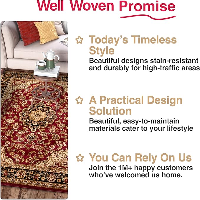 Well Woven Barclay Collection Medallion Kashan Red 3x10 Runner Rug - for Hallways, Kitchens, and Entryways