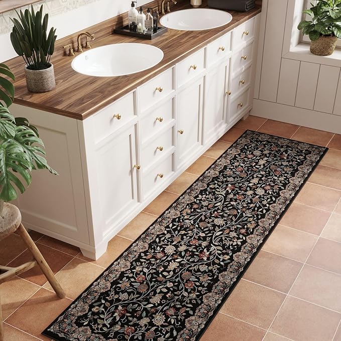 Rugcomf Vintage Paisley Runner Rug 2'7"x8' - Machine Washable, Non-Slip Low Pile Floral Carpet for Kitchen, Laundry, Bedroom, Bathroom - Black
