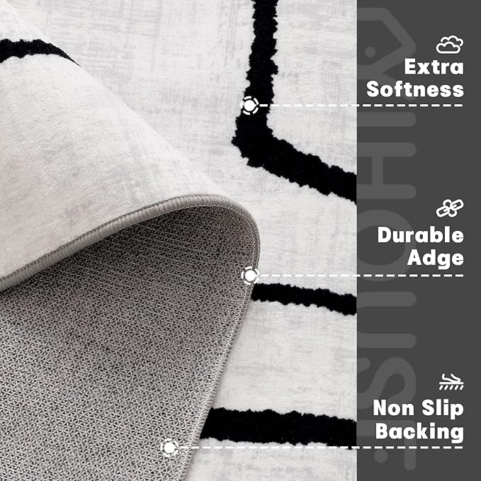 YIHOUSE Modern Washable Area Rug for Living Room Bedroom - Large Abstract Black and White Rug Non-Slip Ultra-Thin Home Decor (Abstract, 9'x12')